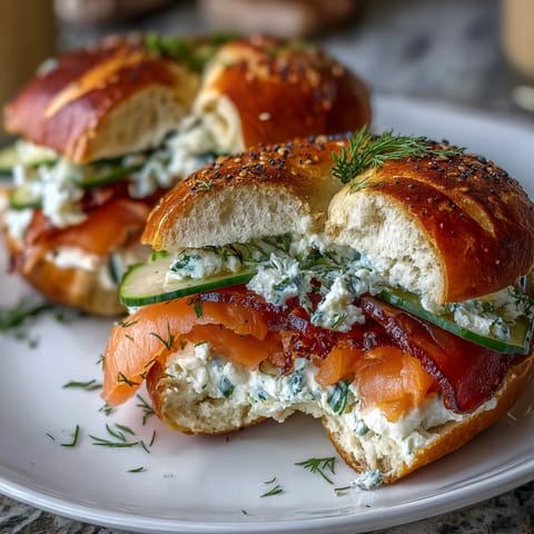 High-protein cottage cheese bagels topped with smoked salmon, cream cheese, and fresh dill for a healthy breakfast.