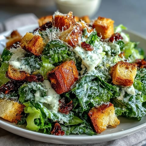 Celery Caesar Salad with Crunchy Croutons and Parmesan, featuring crisp celery, romaine, and golden homemade croutons tossed in creamy Caesar dressing.