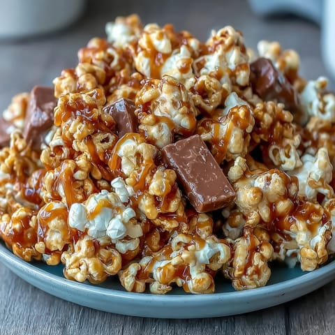 Caramel candy apple popcorn mix with crunchy caramel popcorn, sweet dried apples, and colorful candy pieces.