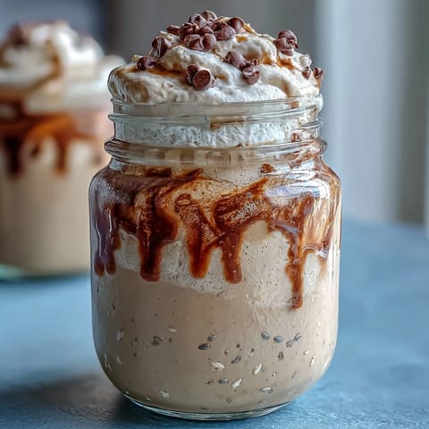 Vanilla Bean Frappuccino Overnight Oats Jar with creamy layers and whipped cream topping.