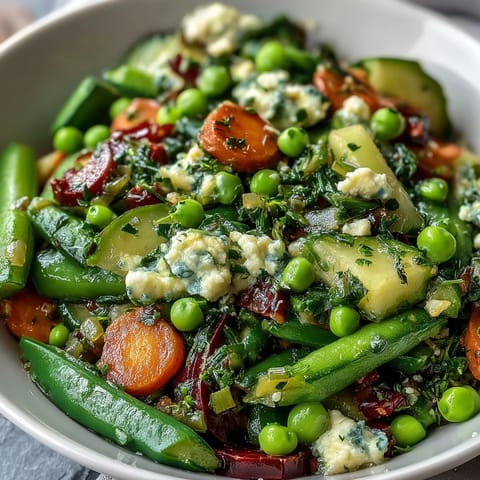 A vibrant spring platter featuring crisp radishes, snap peas, and creamy herb dip, perfect for light entertaining or healthy snacking.