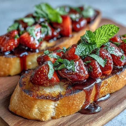 Fresh strawberry bruschetta with balsamic and mint, a vibrant summer appetizer with juicy berries, fragrant herbs, and tangy glaze.  