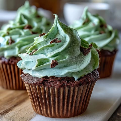 Festive green velvet cupcakes with cocoa flavor, topped with smooth cream cheese frosting for St. Patrick's Day celebrations.