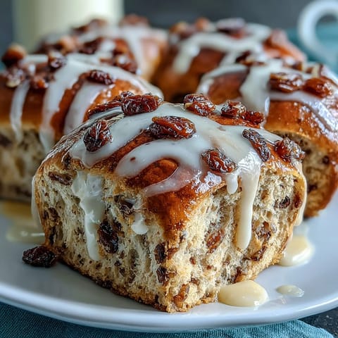 Golden Hot Cross Buns topped with a zesty citrus glaze, served warm with a hint of cinnamon and nutmeg.  