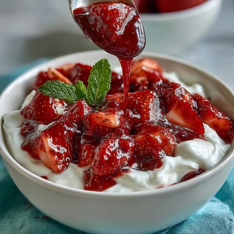 Creamy Greek yogurt topped with warm strawberry compote and honey drizzle.  