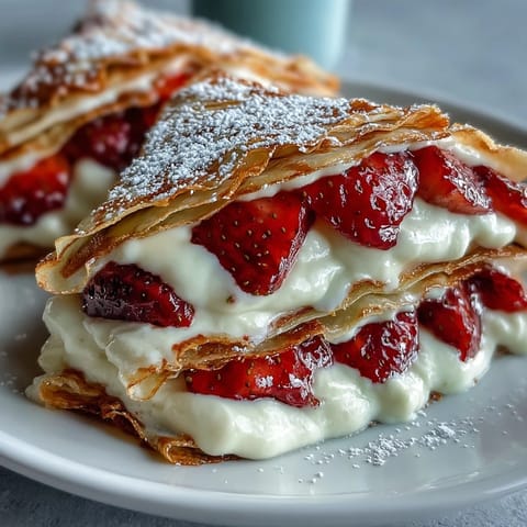 Layered strawberry crepe cake with fresh berries and vanilla cream filling, perfect for brunch or dessert.  