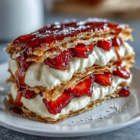 Elegant French crepe cake with delicate layers of strawberries and mascarpone cream, dusted with powdered sugar.  