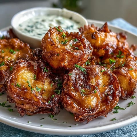 Golden dandelion fritters with crispy batter and herb dipping sauce on a rustic wooden board. Crispy dandelion flowers fried golden brown, served with creamy herb dipping sauce. Delicate dandelion fritters with golden crust and fresh herb yogurt dip for a unique appetizer.