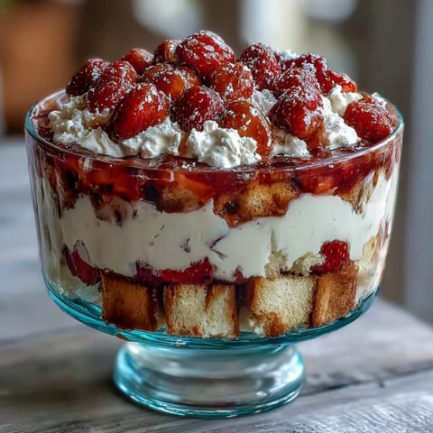 Layered Mothers Day strawberry shortcake trifle with juicy berries and fluffy whipped cream in a glass bowl.