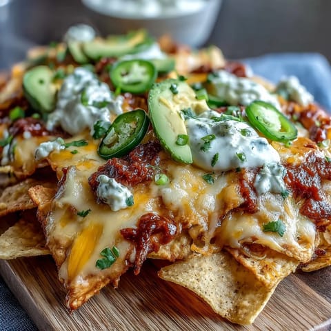 Vibrant Soccer Game Day Nachos with Cheese Sauce, loaded with melty cheddar, fresh jalapeños, and cool sour cream.