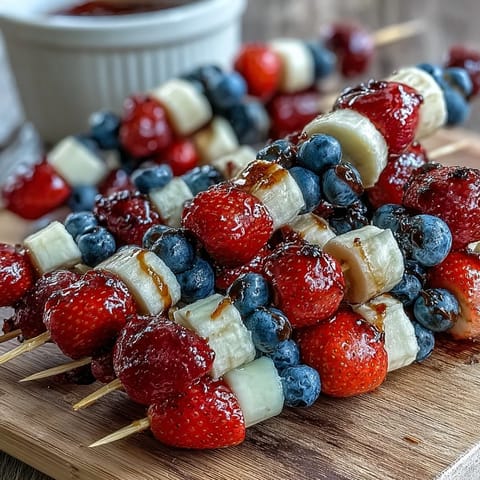 Patriotic fruit skewers with strawberries, bananas, and blueberries arranged in a festive, colorful pattern.