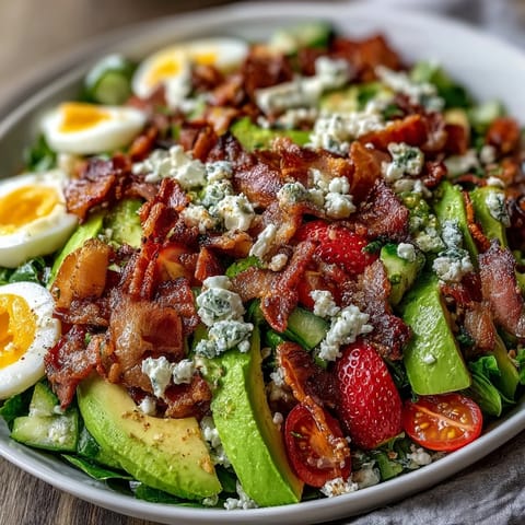 Spring Cobb Salad with Strawberries and Avocado, a vibrant mix of crisp greens, juicy berries, creamy avocado, and tangy feta, perfect for a fresh spring meal.