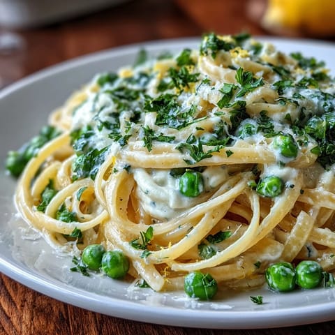 Creamy ricotta and lemon linguine with peas, bright citrus zest, and tender pasta in a light spring dish.