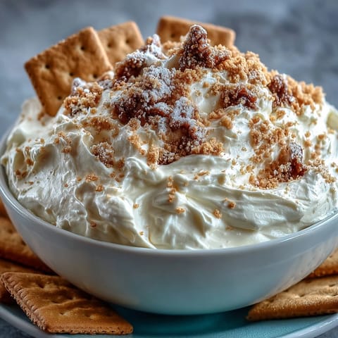 Creamy cheesecake dip with graham crackers, perfect for parties and sweet cravings.  
