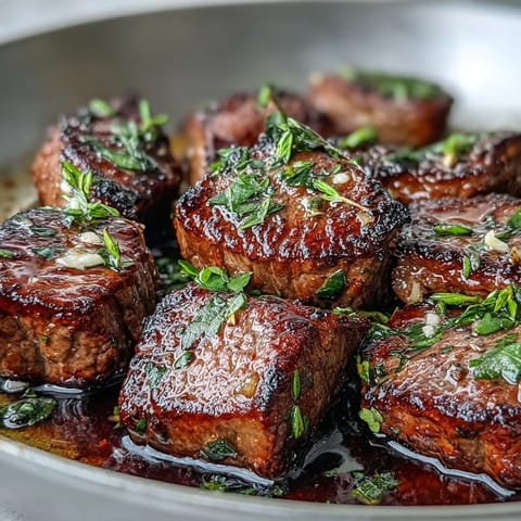 One-pan garlic herb steak bites sizzle with juicy sirloin, garlic butter, and fresh parsley for a quick, savory dinner.  