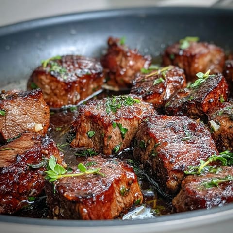 Tender steak cubes seared golden with garlic, thyme, and butter in a single skillet for an easy weeknight meal.  