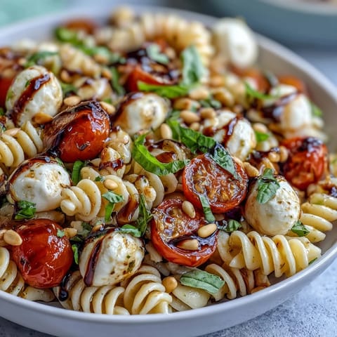 Fresh Caprese-style pasta salad with juicy tomatoes, creamy mozzarella, and fragrant basil in a light balsamic dressing.