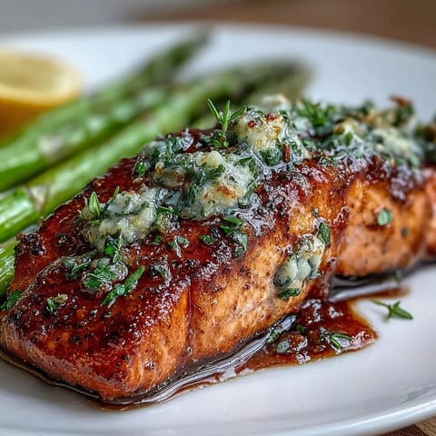 Garlic Butter Salmon with Asparagus sizzling in a skillet, golden fillets glazed in rich garlic butter sauce beside bright green asparagus spears.
