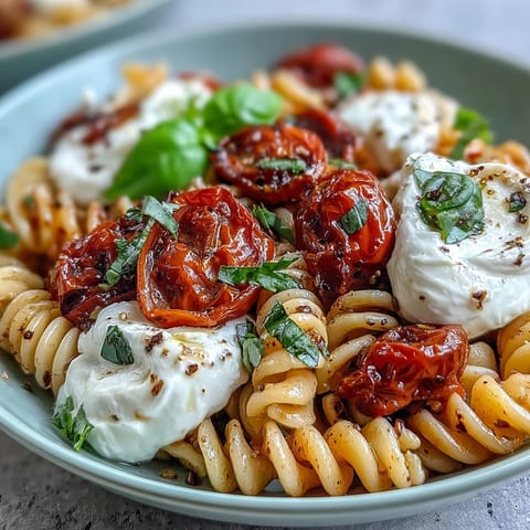 Caprese pasta with burrata features ripe cherry tomatoes, fresh basil, and creamy burrata over al dente fusilli.