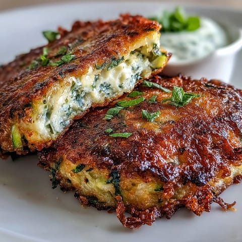 Crispy zucchini fritters with feta and yogurt mint dipping sauce, golden brown and perfect for sharing.  