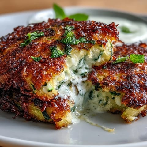 Golden brown zucchini pancakes with creamy feta, served alongside a refreshing mint yogurt dip for a Mediterranean appetizer.  