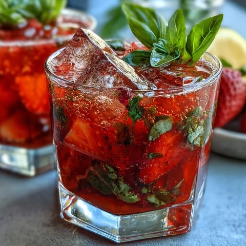 Refreshing strawberry basil mocktail with fresh berries, fragrant basil, and sparkling water in a chilled glass.