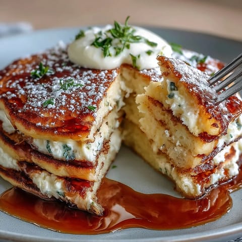 Fluffy lemon ricotta pancakes stacked high with golden edges and topped with fresh berries and maple syrup.