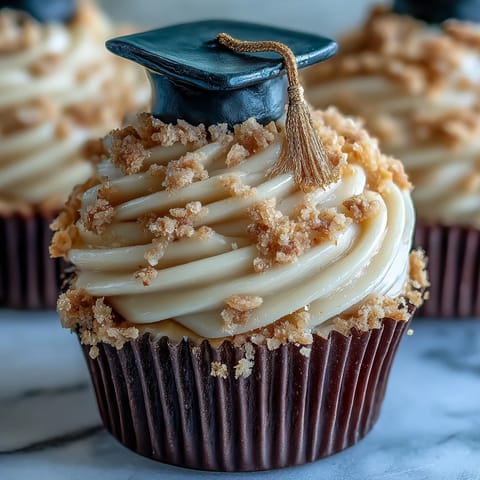Graduation cupcakes with black and gold fondant caps, featuring vanilla buttercream and handmade edible toppers.  