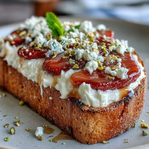 Creamy ricotta and juicy strawberries layered on toasted bread, garnished with crunchy pistachios and lemon zest.