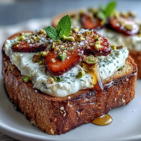 Strawberry honey ricotta toast with pistachios on golden sourdough, topped with fresh strawberries and drizzled with honey.