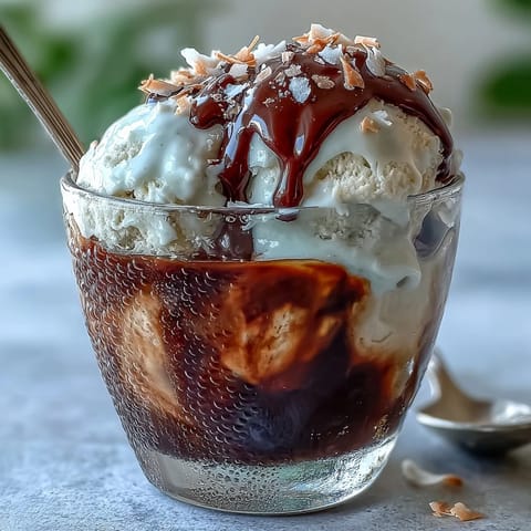 Refreshing coconut cold brew float topped with creamy vanilla bean ice cream and toasted coconut flakes.  