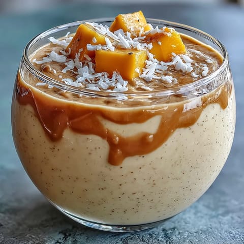 Creamy mango coconut chia smoothie with vibrant tropical flavors and a thick, refreshing texture.  