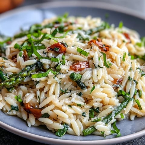 A colorful bowl of spring orzo primavera with fresh asparagus, peas, and zucchini tossed in parmesan and basil.