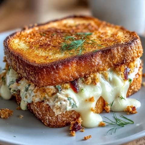 A golden crispy tuna melt sandwich with gooey melted cheese and crunchy pickles on toasted sourdough bread.