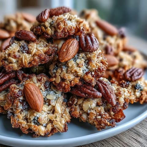 Homemade granola clusters with golden oats and crunchy nuts, baked to perfection for a hearty, satisfying snack or breakfast treat.