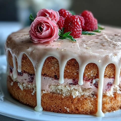 Blush-pink Rosé Velvet Cake, beautifully frosted with glossy gold accent.