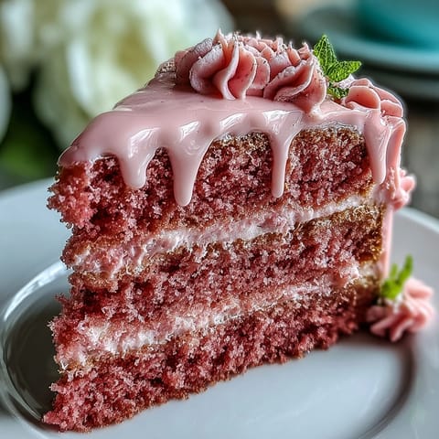 A pink velvet cake with rosé wine, decadently topped with a shimmering gold drip.