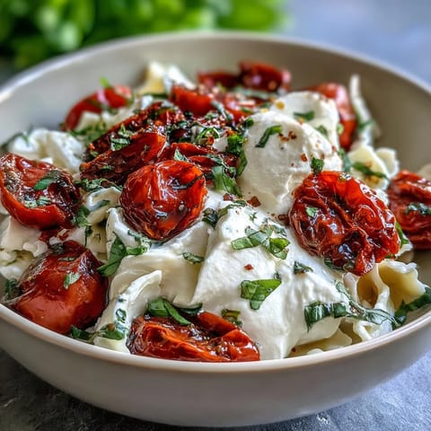 Summer Caprese Pasta with Burrata and Basil: creamy burrata melting over vibrant tomatoes.