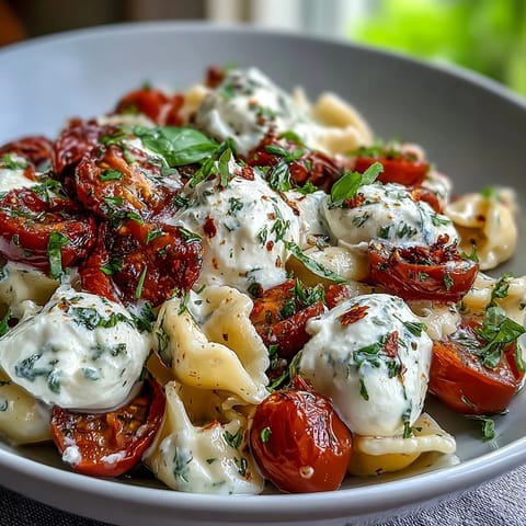 Creamy burrata crowns this Summer Caprese Pasta with Basil, a fresh, easy Italian dish.