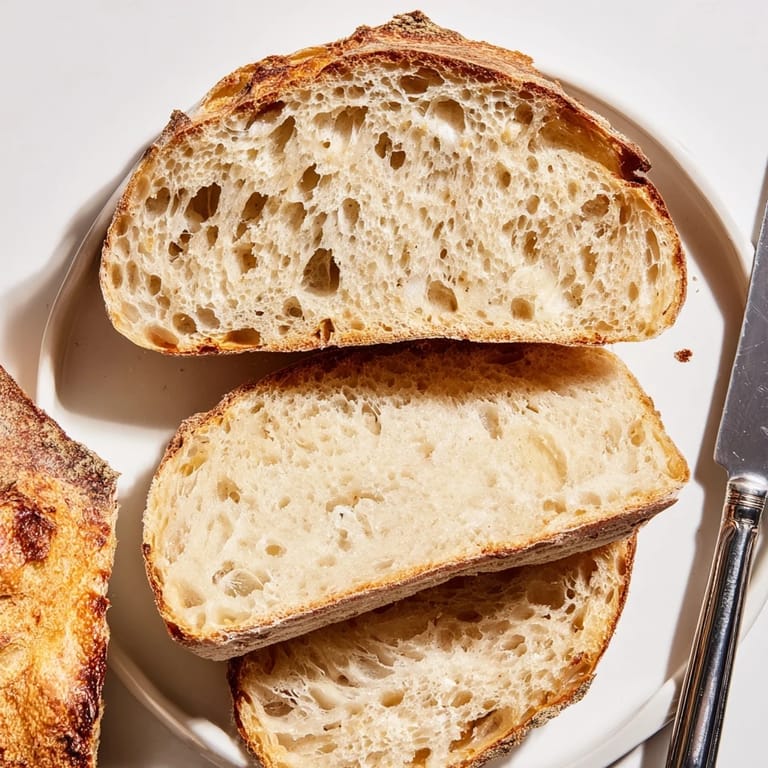 Freshly baked Easy No-Knead Rustic Bread served with olive oil for dipping delight.