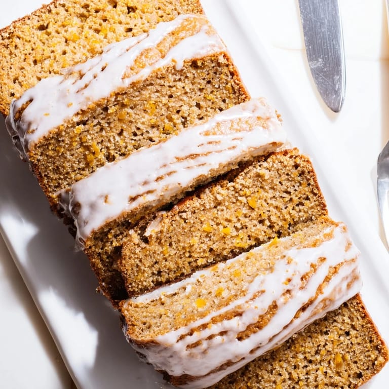 Delicious pumpkin spice loaf drizzled with sweet glaze, ideal for cozy mornings.  