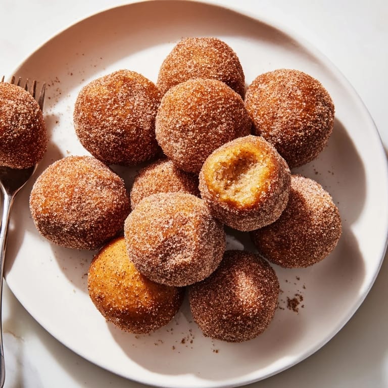 Warm, golden cinnamon sugar donut holes perfect for a cozy breakfast or snack.  