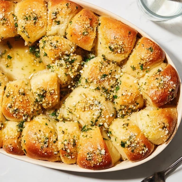 Warm, aromatic pull-apart bread topped with rich garlic and fresh parsley, irresistible treat.