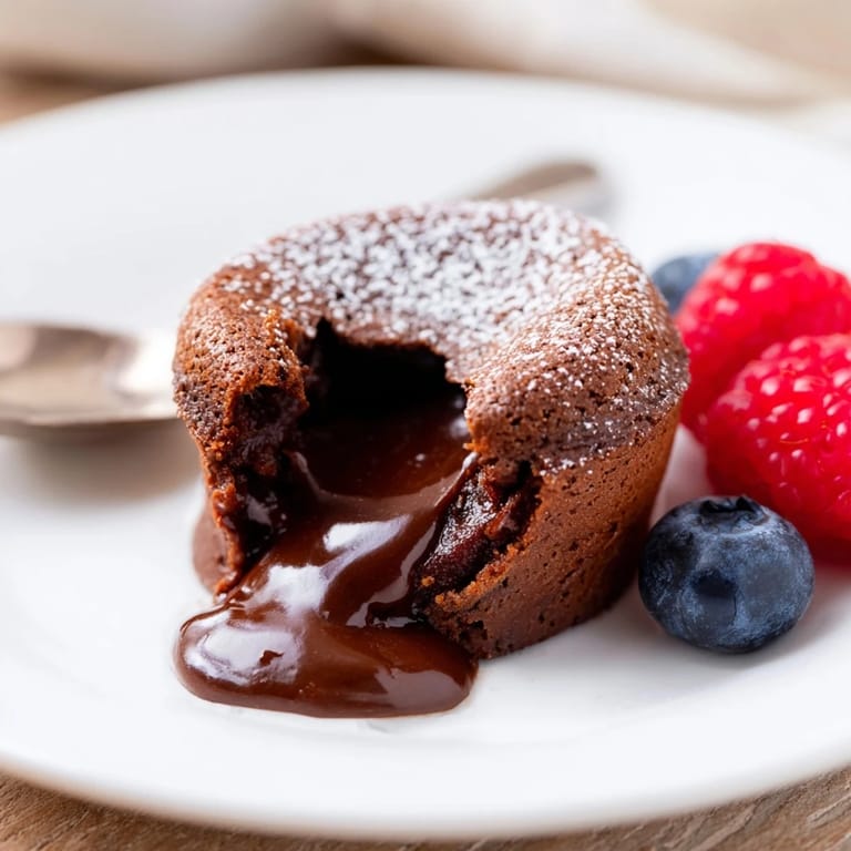 Perfectly baked chocolate lava cakes dusted with powdered sugar and served with fresh berries.  