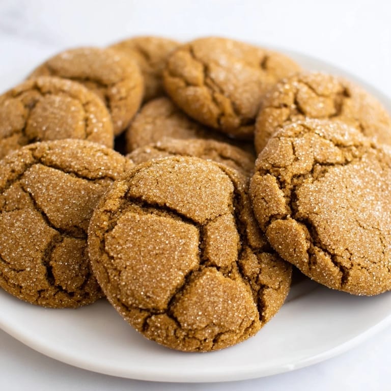 Close-up of soft, chewy Molasses Ginger Cookies, perfect for holiday gatherings and cozy evenings.  