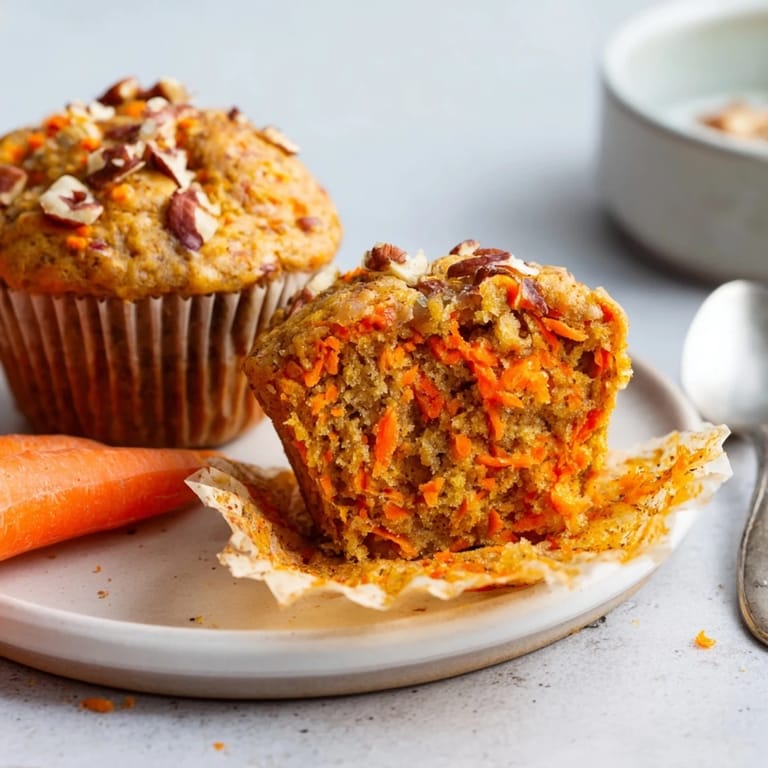 Warm, fragrant spiced carrot cake muffins bursting with grated carrots and hints of cinnamon.