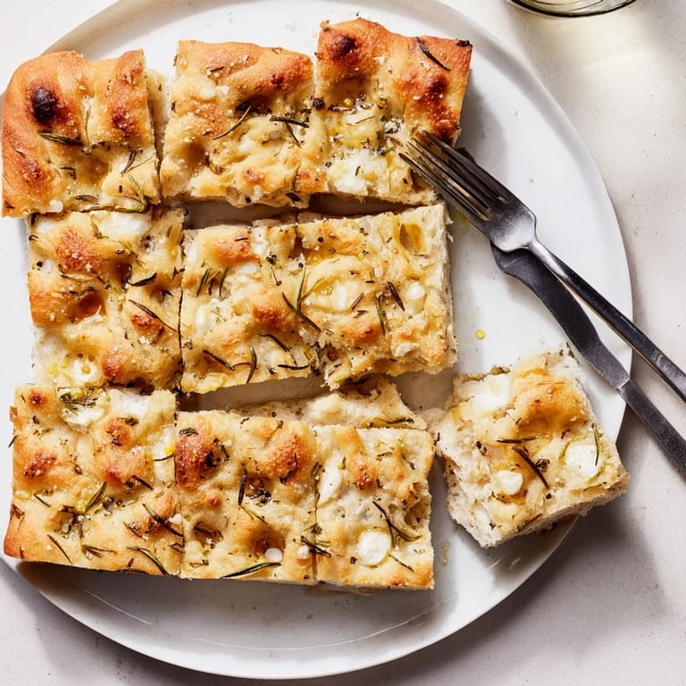 Warm cheesy herb focaccia, inviting aromas wafting from the oven, ready to serve.