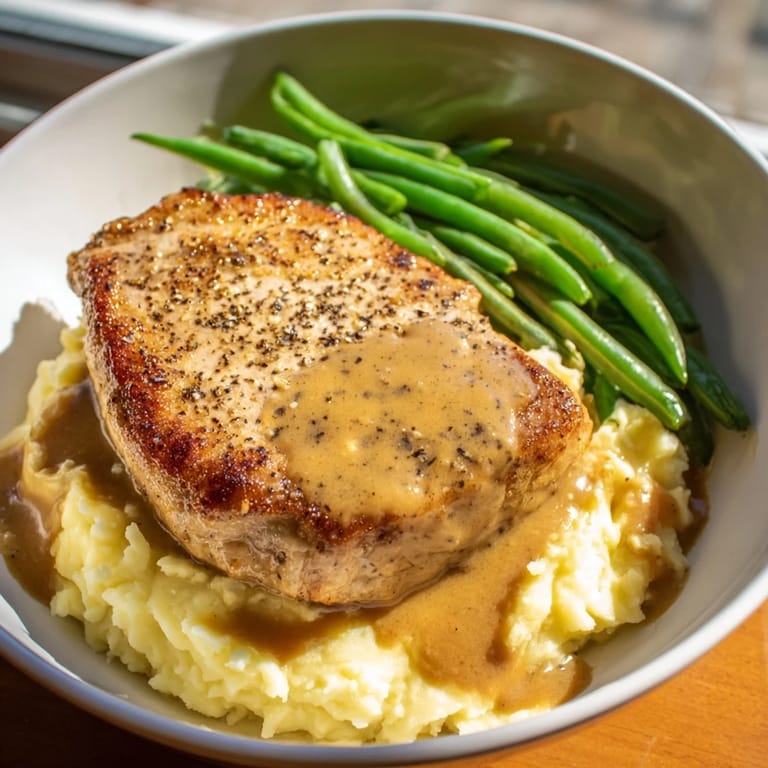 A hearty bowl of pork chops and cheddar mash, complete with rich pan gravy and green beans.