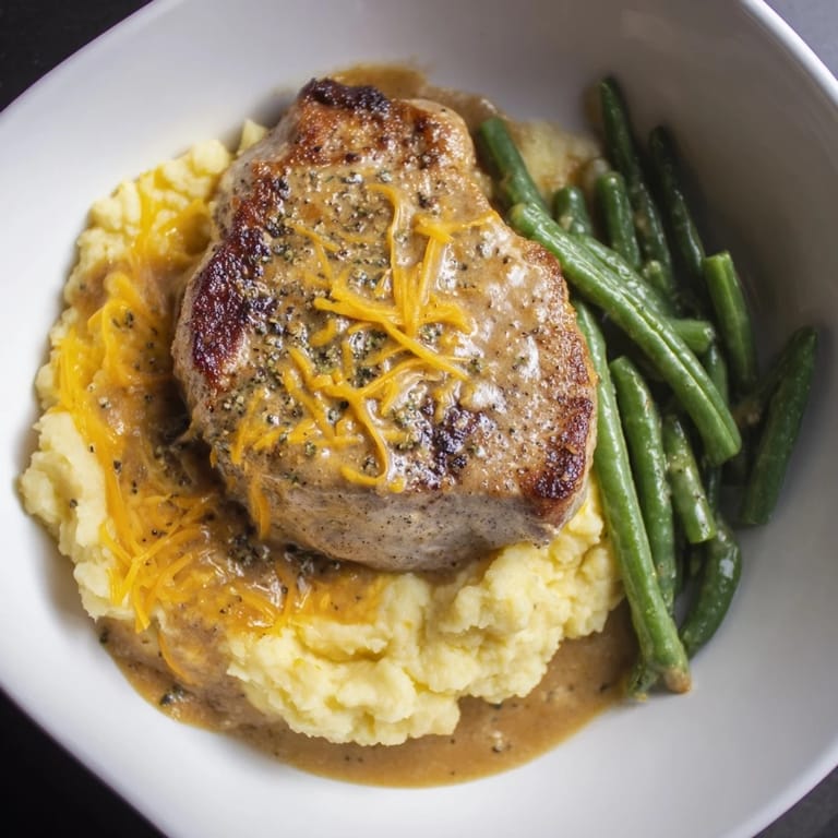 Golden-brown pork chops are served over cheddar mashed potatoes, a comforting American classic recipe.