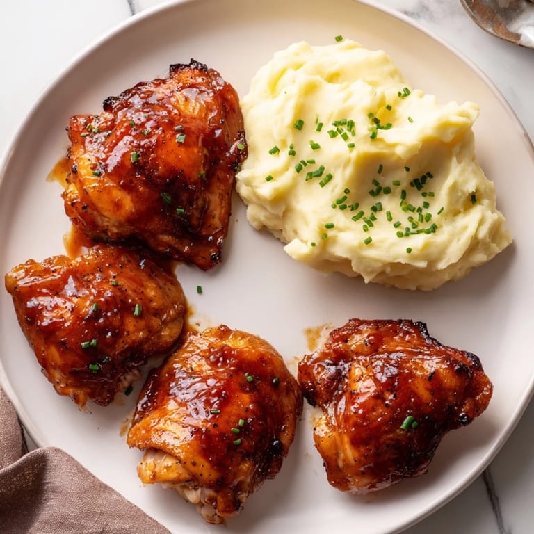 Tender honey BBQ chicken thighs with a caramelized glaze next to smooth garlic mashed potatoes.